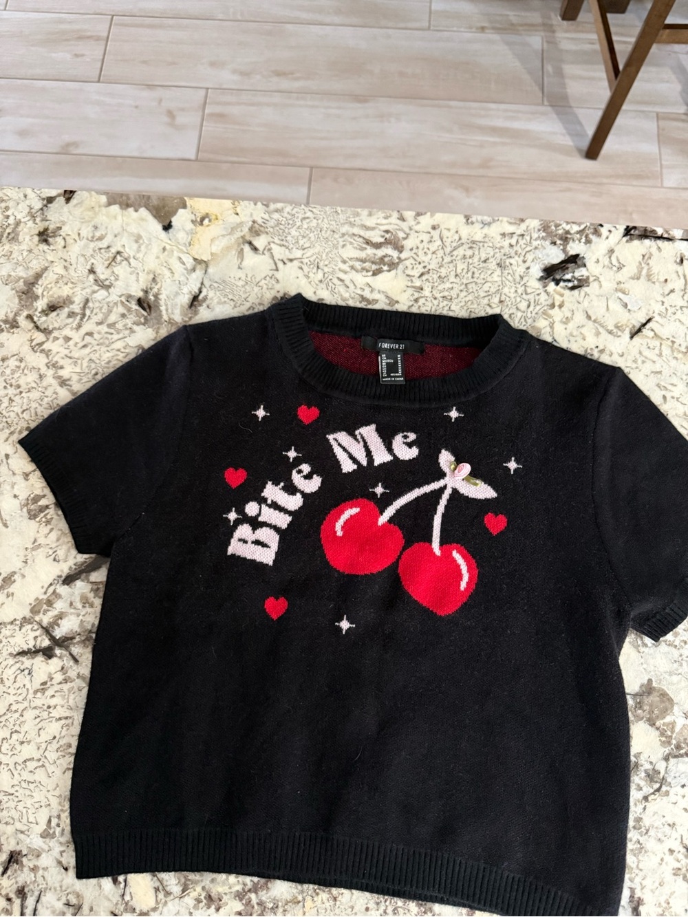 Forever 21 Black Kids Short-Sleeve 'Bite Me' Cherry Graphic Sweater